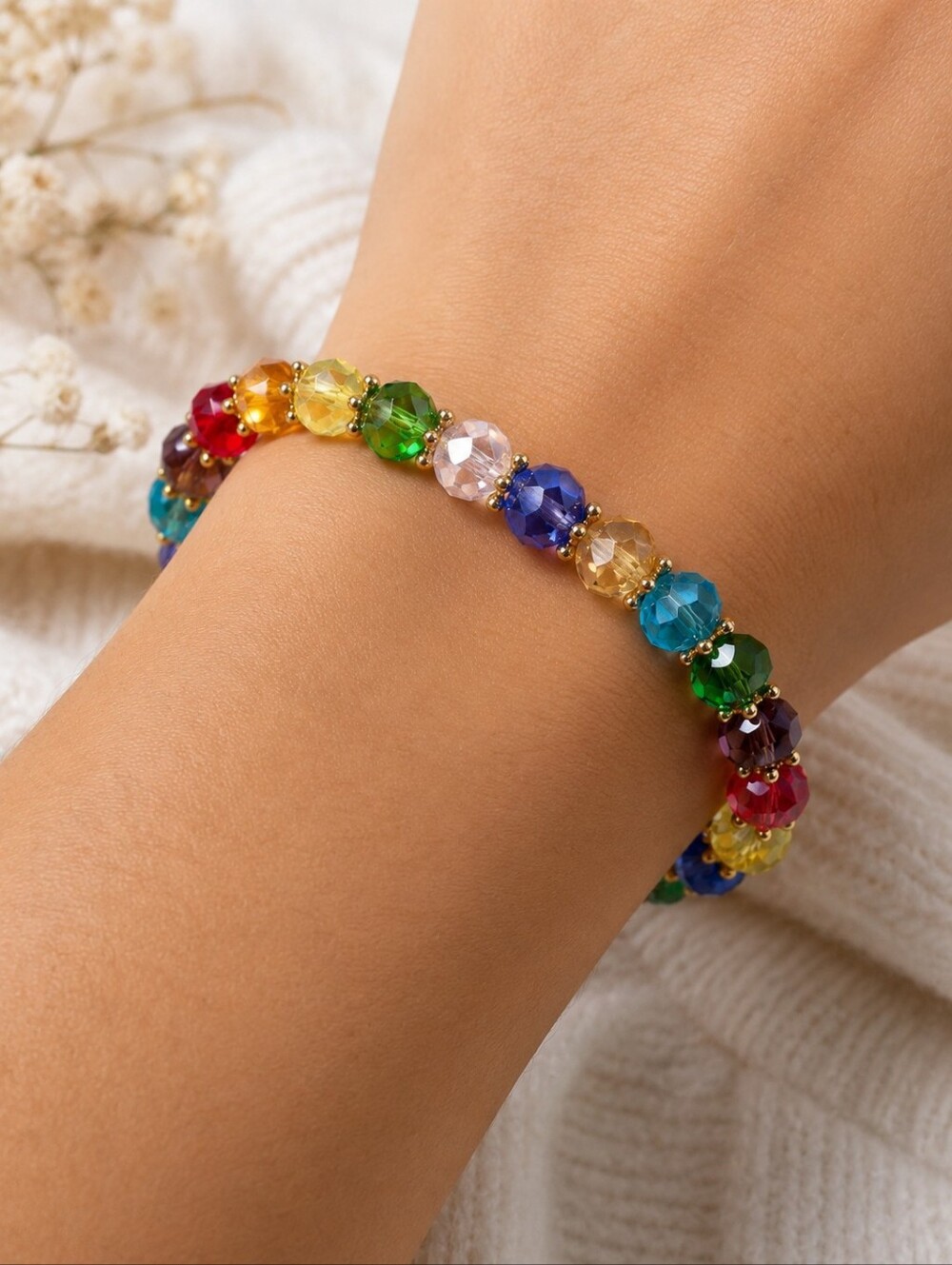 Rainbow Faceted Crystal Beaded Stretch Bracelet Multicolor Glass Fashion Jewelry